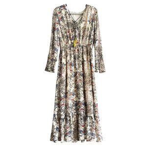 Fraiche by J Brown/Ivory Multi Jacobian Floral Bell Sleeve Bohemian Maxi Dress L